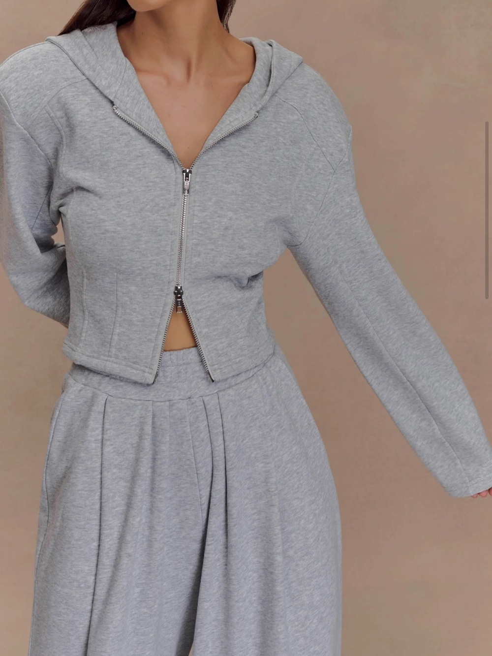 ✅ Meshki Light Grey Cropped Zip Hoodie